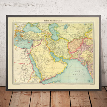 Antica mappa del Sud-Ovest asiatico e del Medio Oriente di Bartholomew, 1922: mandati della Prima Guerra Mondiale, rotte di navigazione, Hormuz, Suez 