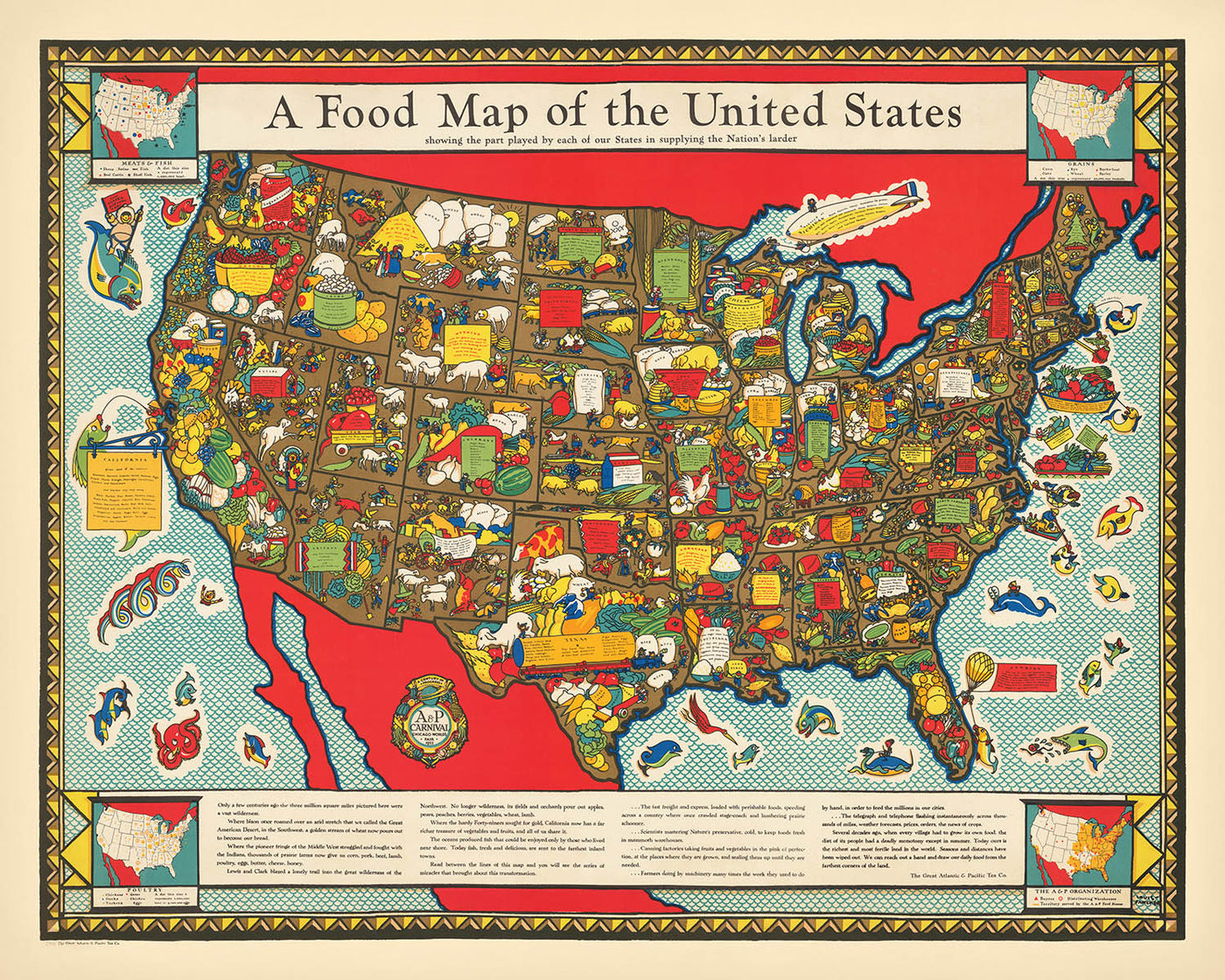 Old Food Map of the USA, 1932: Poultry, Agriculture, Meats, Fish, Sea Creatures