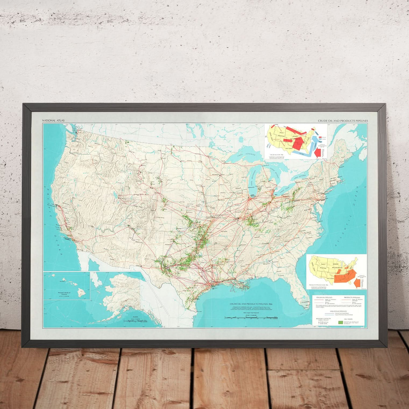 Old Oil Infrastructure Map of the USA, 1966: Pipelines, Refineries, Topography, Oil Flow