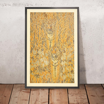Una imagen enmarcada de Tigres camuflados de Toshi Yoshida, 1985