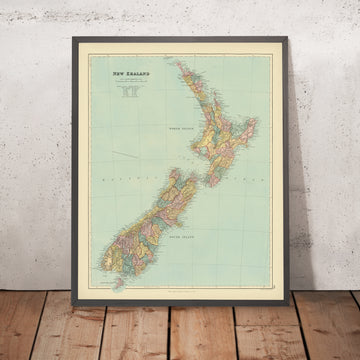 Alte Karte von Neuseeland von Stanford, 1887: Auckland, Wellington, Südalpen, Stewart Island, Landkreise 
