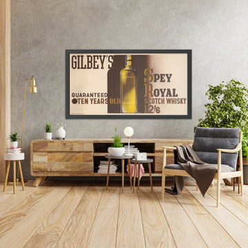 A framed image of Gilbey’s Spey Royal Vintage Scotch Whisky Poster by Edward McKnight Kauffer, 1933