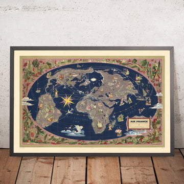 Ancienne carte du monde Air France Oval par Boucher, 1961 