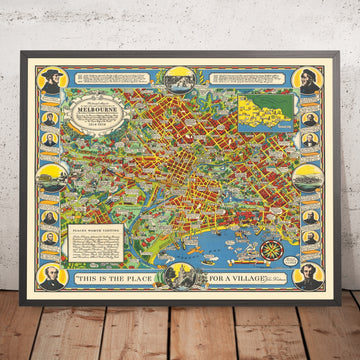 Old Pictorial Map of Melbourne, Australia by Dale, 1934: Flinders St Station, MCG, Botanic Gardens, Shrine, Yarra River