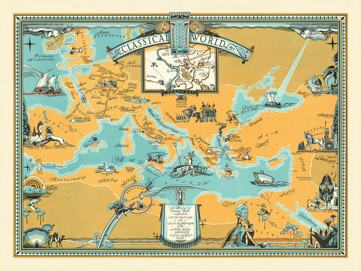 Old Roman Empire "Classical World" Map by Longyear, 1930: Rome, Carthage, Athens, Alexandria, Troy