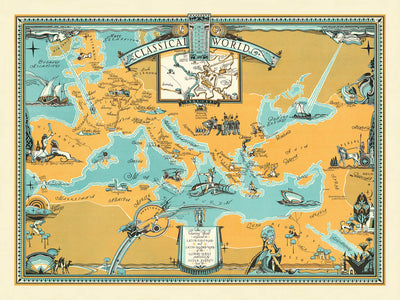 Old Roman Empire "Classical World" Map by Longyear, 1930: Rome, Carthage, Athens, Alexandria, Troy