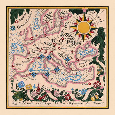 Old Map of Europe and North Africa by Mazuyer, 1931: Pictorial Style, Floral Border, Compass Rose