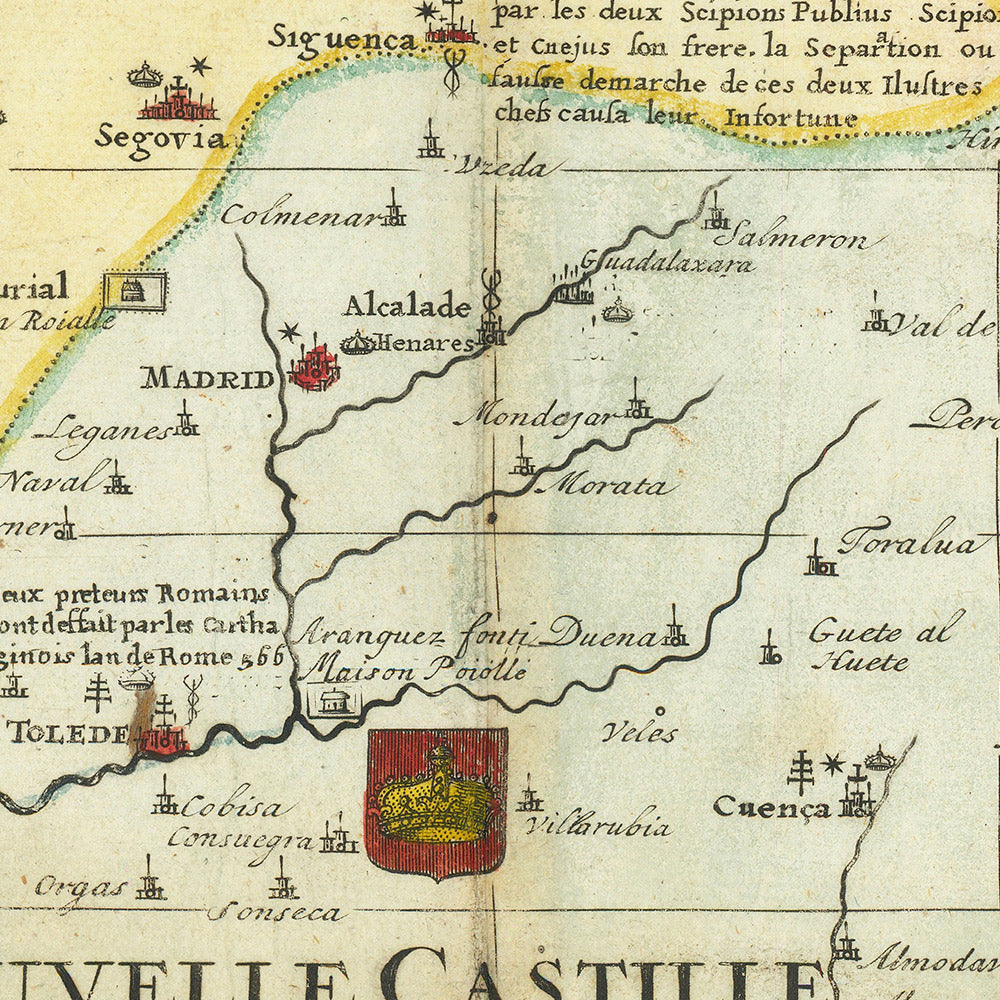 Old Historical Map of Spain & Portugal by Chatelain, 1719: Kingdoms, Provinces, Coats of Arms, Inquisition