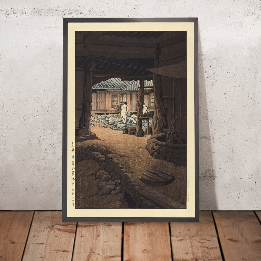 A framed image of Chunum Temple on Mt. Chiri Korea by Hasui Kawase 1935