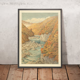 Árboles de otoño y río rocoso de Hasui Kawase, 1935 