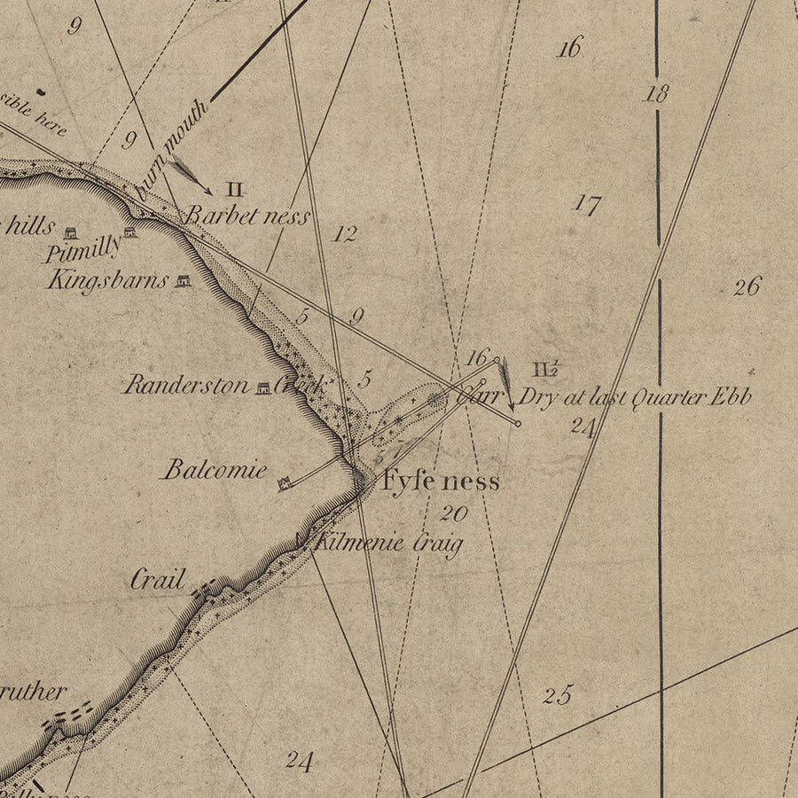 Antica mappa nautica di Edimburgo e della costa di Dundee di Downie, 1792: Firth di Edimburgo, fiume Tay, baia di St Andrew 