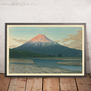 Una imagen enmarcada del río Fuji y el monte Fuji de Hasui Kawase, 1935