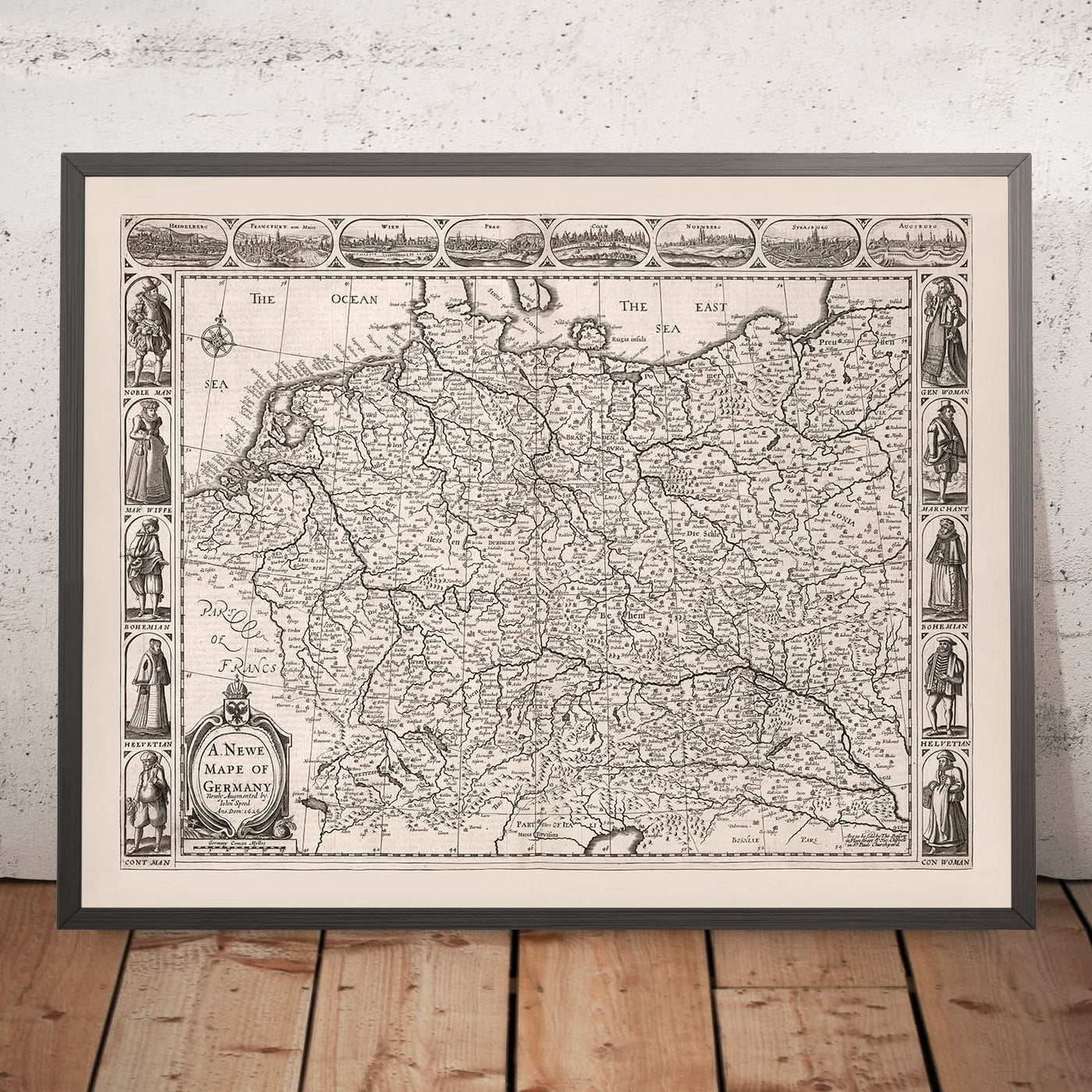 Old Monochrome Map of Germany by Speed, 1626: Berlin, Hamburg, Munich, North Sea, Baltic Sea