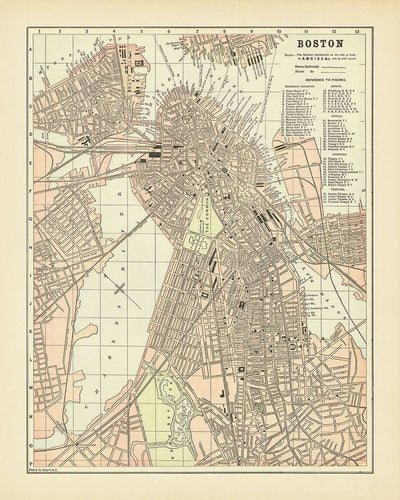 Ancienne carte de Boston par Fisk & Co., 1893 : les terrains publics, le jardin public, les Fens, la rivière Charles, le parc Franklin