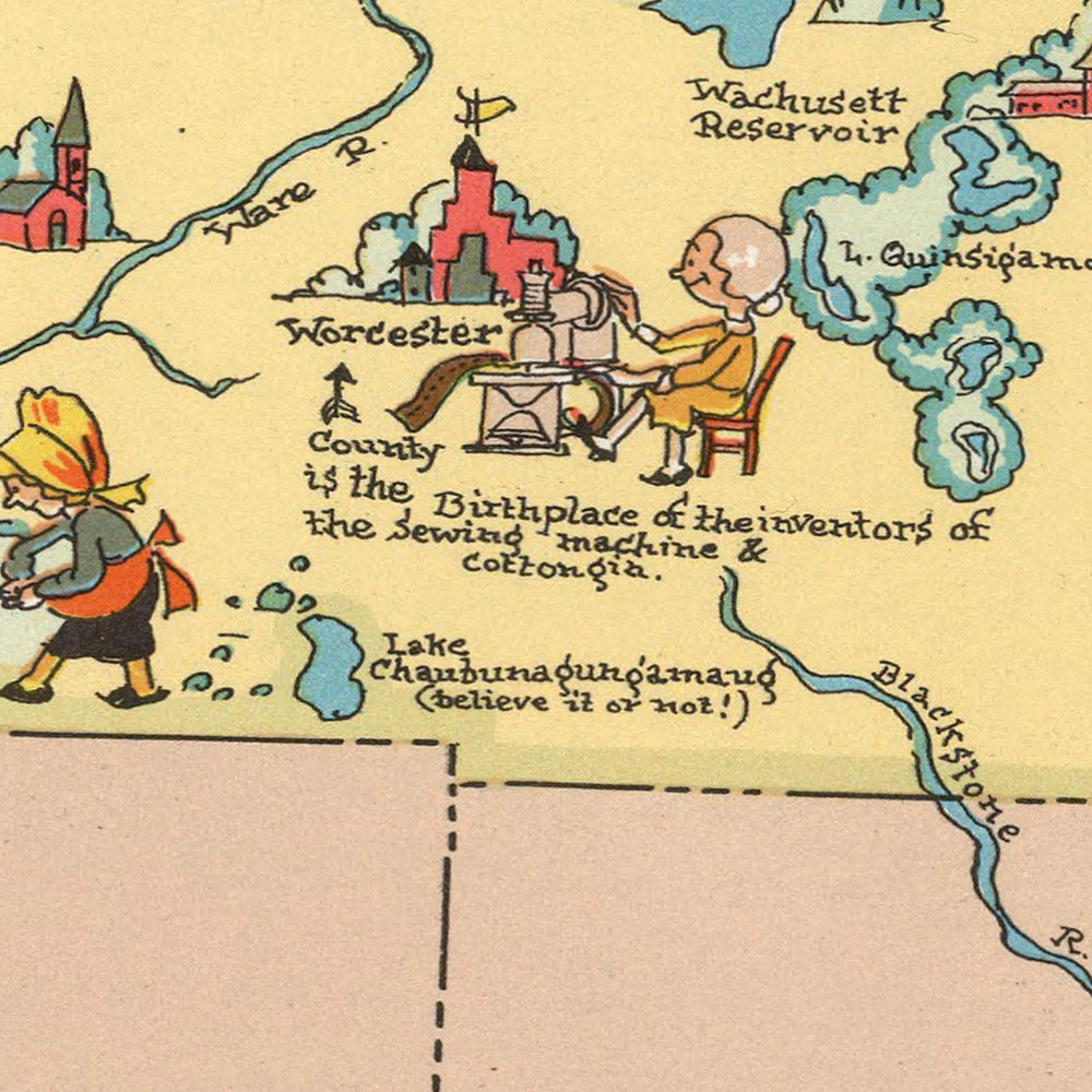 Pictorial Map of Massachusetts by Ruth Taylor White, 1935: Boston, Cape Cod, Harvard, Pilgrims, Maritime Heritage