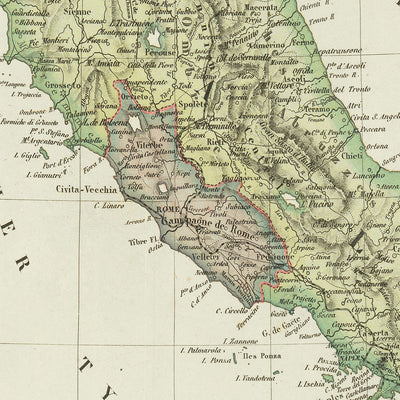 Old Map of Italy by Garnier, 1861: Unification, Rome, Milan, Venice, Alps, Po River