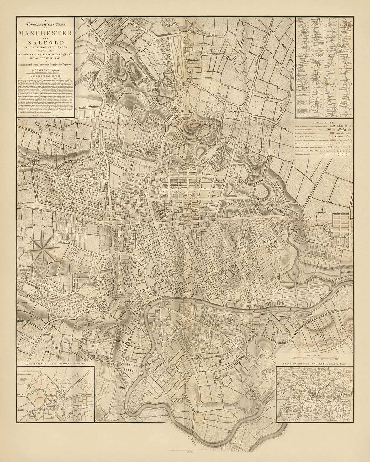 Alte Karte von Manchester von Laurent, 1793: Salford, Ancoats, Ardwick, Fluss Irwell, Fluss Medlock 