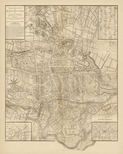 Ancienne carte de Manchester par Laurent, 1793 : Salford, Ancoats, Ardwick, rivière Irwell, rivière Medlock