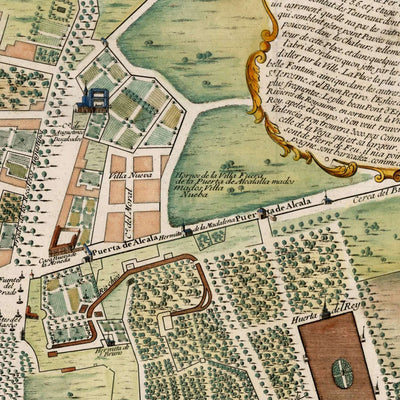 Old Map of Madrid by de Fer, 1705: Royal Palace, Calle Mayor, Campo Grande, Coats of Arms, Churches