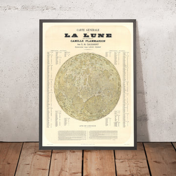 Alte „La Lune“-Mondkarte von Gaudibert, 1877: 509-Krater-Index, Maria und Strahlen, Heliogravüre 