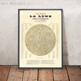 Antiguo mapa "La Lune" de la Luna de Gaudibert, 1877: índice de 509 cráteres, mares lunares y rayos, heliograbado 