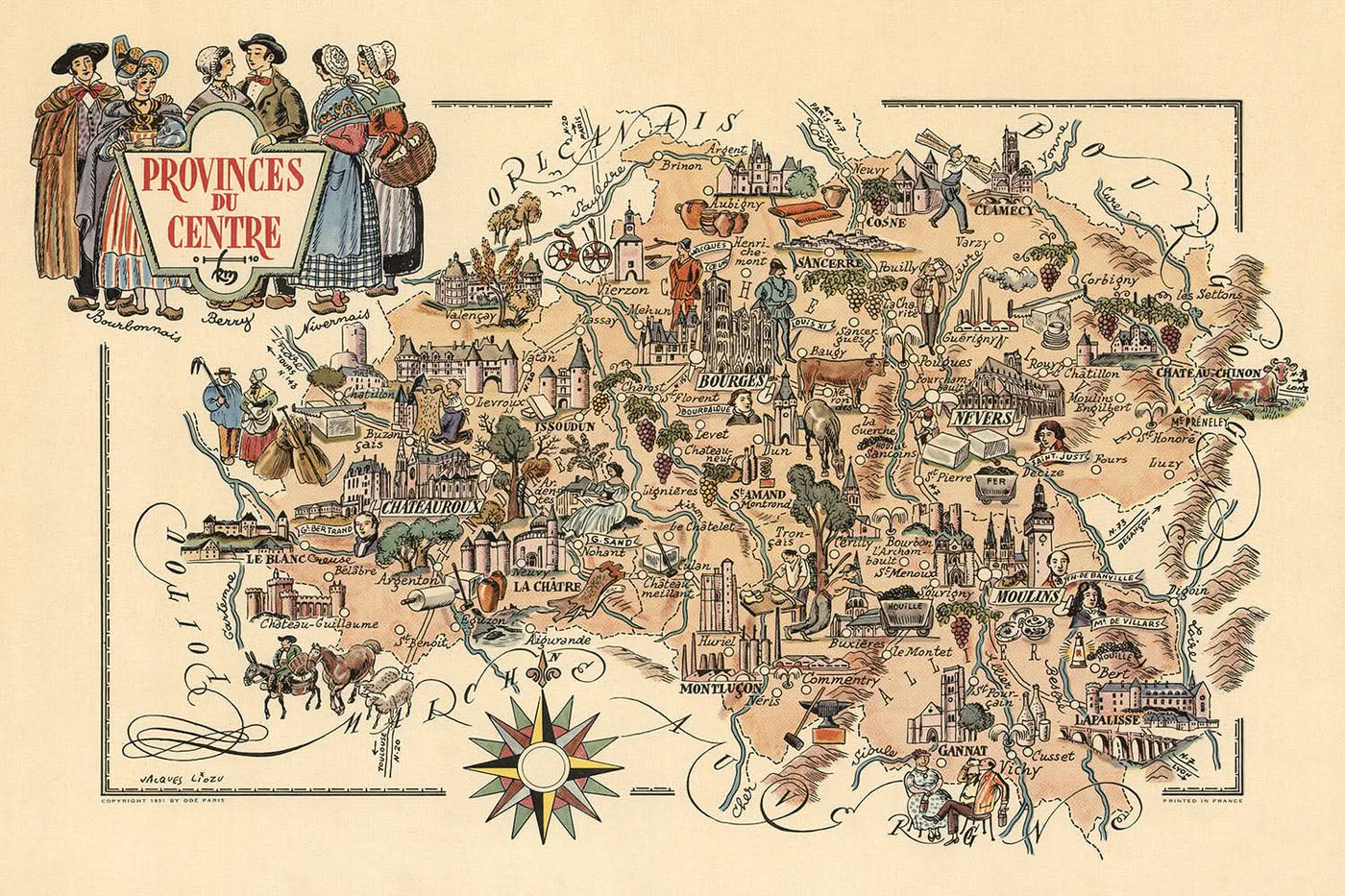 Mapa ilustrado antiguo de la provincia central realizado por Liozu en 1951: Orleans, Bourges, viñedos, castillos, costumbres