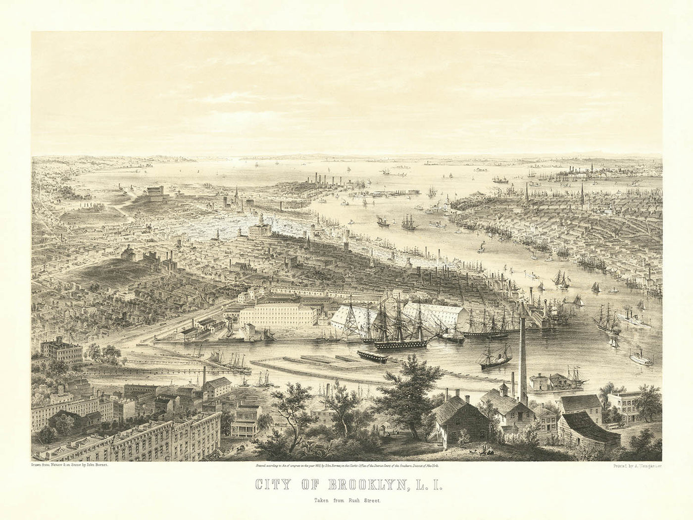 Old Bird’s-Eye Map of Brooklyn by Bornet, 1855: Naval Yard, Brooklyn Heights, DUMBO, Williamsburg, Lower Manhattan