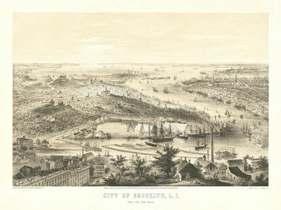Old Bird’s-Eye Map of Brooklyn by Bornet, 1855: Naval Yard, Brooklyn Heights, DUMBO, Williamsburg, Lower Manhattan