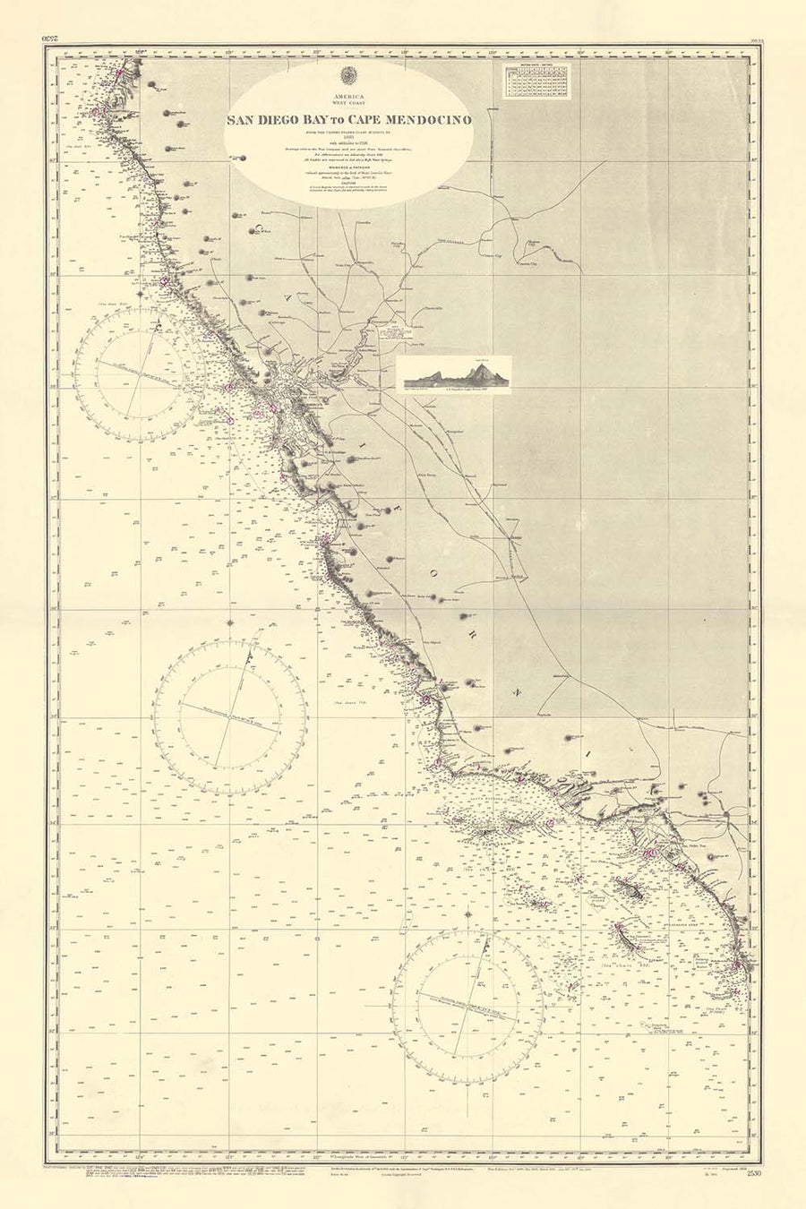 Alter kalifornischer Küstenkarte, 1955: SF Bay, LA Hafen, San Diego bis Cape Mendocino Seekarte 