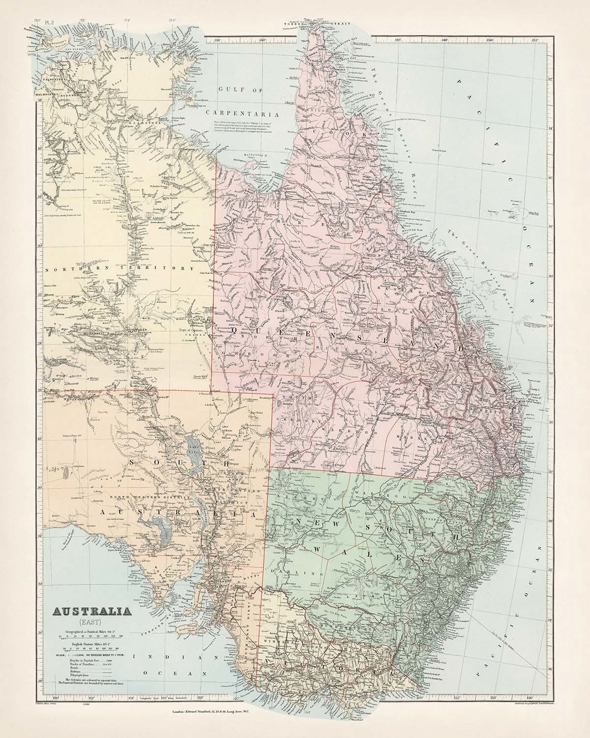 Alte Karte von Ostaustralien von Stanford, 1887: Sydney, Melbourne, Brisbane, Great Dividing Range, Eisenbahnen