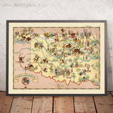 Carte picturale de l'Oklahoma par Ruth Taylor White, 1935 : Oklahoma City, Tulsa, champs pétroliers, motifs amérindiens, époque de la poussière 