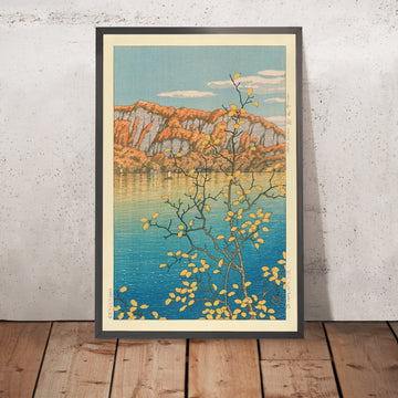 Una imagen enmarcada de Senjo Cliff en el lago Towada, de Hasui Kawase, 1935