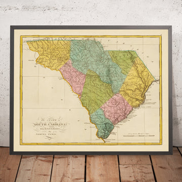 Ancienne carte de la Caroline du Sud par Carey, 1815 : Charleston, Columbia, Greenville, rivière Savannah, Blue Ridge 