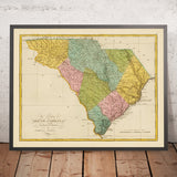 Ancienne carte de la Caroline du Sud par Carey, 1815 : Charleston, Columbia, Greenville, rivière Savannah, Blue Ridge 