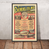 Affiche de voyage Pyrénées : Excursions aux bains de mer et aux Pyrénées par Chemins de fer du Midi, 1880 