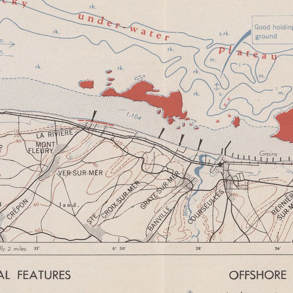 Alte Militärkarte der Normandie-Strände, 1943: D-Day-Planung, Vierville bis Houlgate, Arromanches 