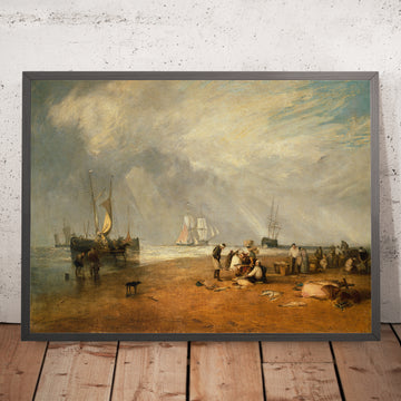 A framed image of The Fish Market at Hastings Beach by Turner, 1810