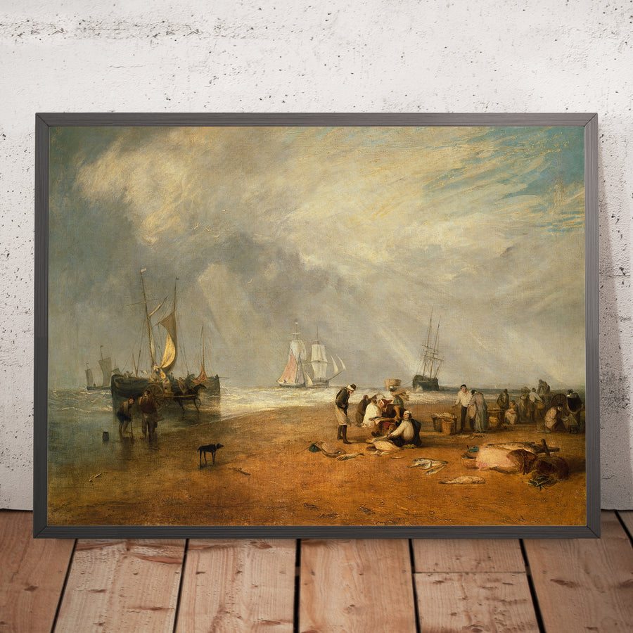 A framed image of The Fish Market at Hastings Beach by Turner, 1810