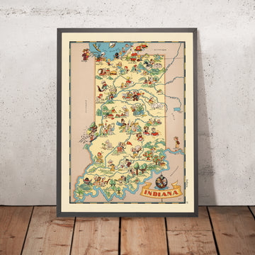 Mapa pictórico de Indiana de Ruth Taylor White, 1935: Indianápolis, Fort Wayne, Evansville, río Wabash, iconos de la industria 