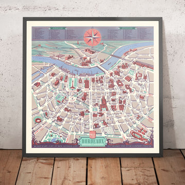 Vecchia mappa di Bordeaux, 1950: Place de la Comédie, Quinconces, Grand Théâtre, Pont de Pierre, Parc Bordelais 
