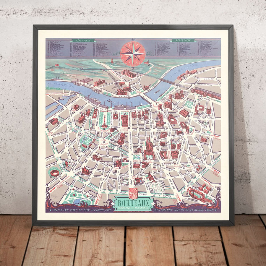 Vecchia mappa di Bordeaux, 1950: Place de la Comédie, Quinconces, Grand Théâtre, Pont de Pierre, Parc Bordelais 