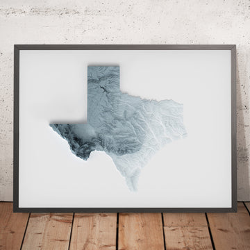 Una imagen enmarcada de un mapa topográfico en relieve estilo 3D de Texas