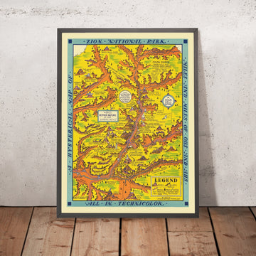 Alte pictoriale Karte des Zion-Nationalparks von Lindgren, 1939: Angels Landing, Watchman, Sinawava, Grafton, West Temple 