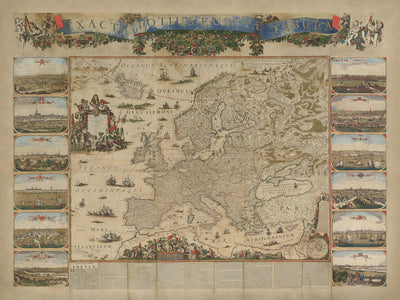 Massive Old Map of Europe by Visscher, 1677: Triple Alliance, Capital City Views