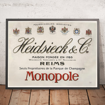 A framed image of Heidsieck & Co. Monopole Vintage Champagne Poster, 1912