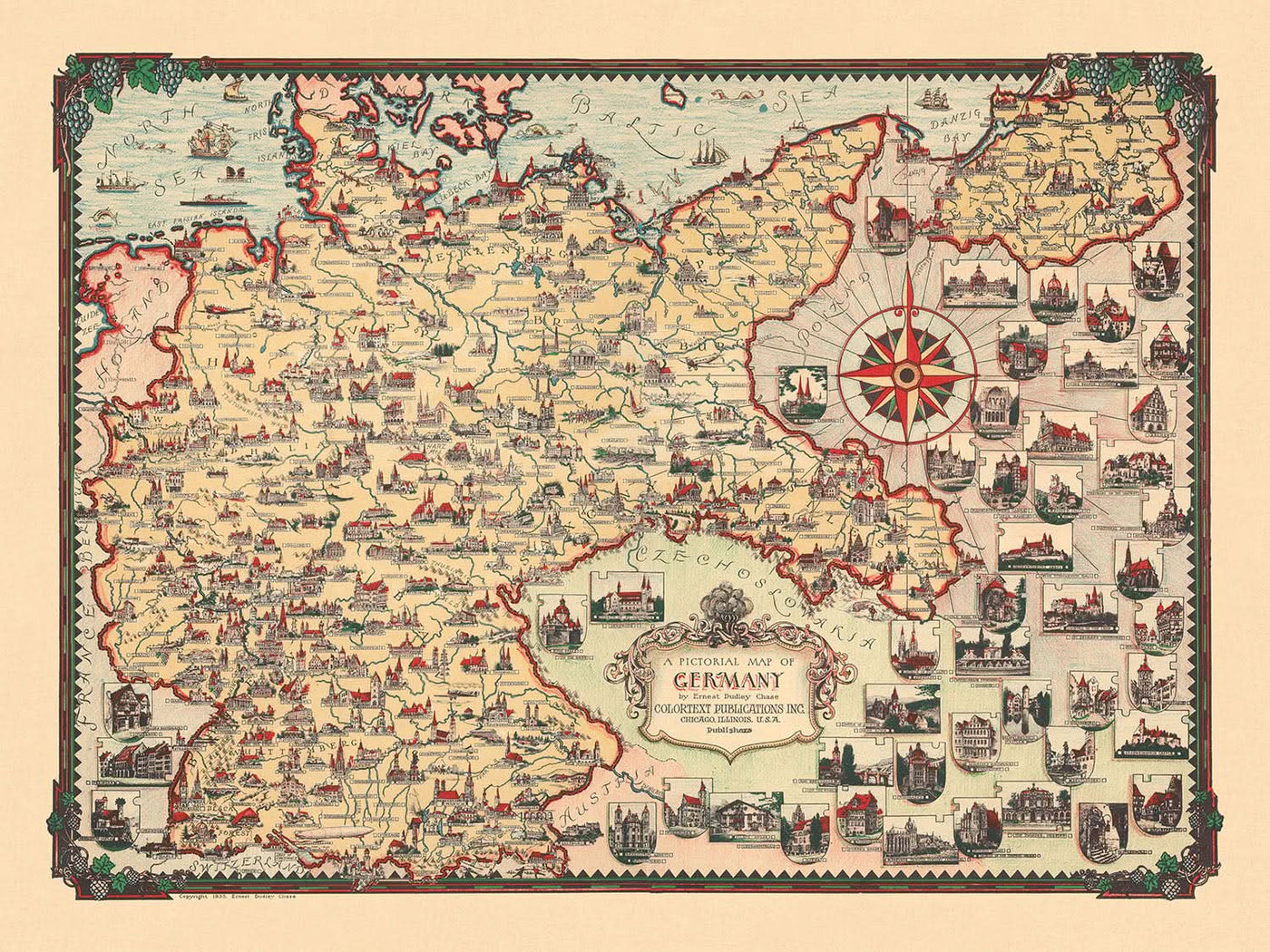 Old Pictorial Map of Germany by Chase, 1935: Berlin, Munich, North Sea, Landmarks, Blimps