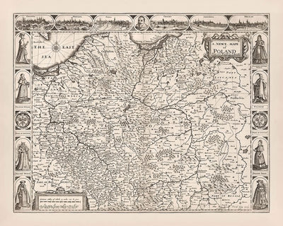 Carte ancienne de la Pologne par Speed, 1676 : Varsovie, Cracovie, Gdańsk, la mer de l'Est, les montagnes