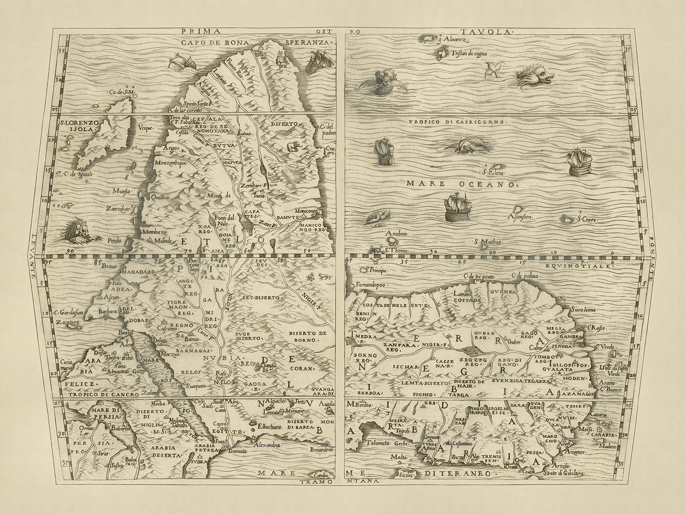 Old Upside Down Map of Africa by Ramusio, 1554