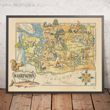 Old Pictorial Map of Washington State by Liozu, 1946: Seattle, Spokane, Tacoma, Mt Rainier, Columbia River