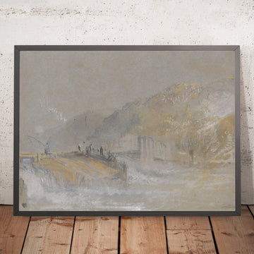 Ein gerahmtes Bild von Foul by God: Flusslandschaft mit Anglern, die von einem Wehr aus angeln, von Turner, 1830